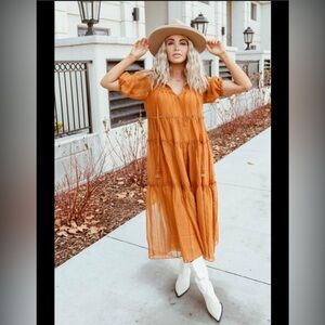 Moon River Medium Orange Tiered Striped Midi Dress
